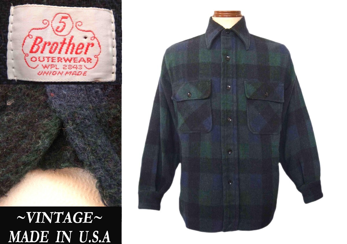 50sビンテージ 5 Brother ブラックウオッチ柄マチ付 ネルシャツ USAアメリカ VINTAGE ネペンテス RRLマッコイズ BIG MAC ウエアハウスmodel拍卖