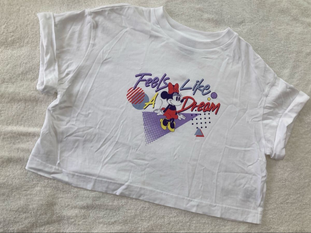 【美品】 GUジーユー 140サイズ クロップド丈Tシャツ ディズニー ミニー Tシャツ 白 半袖 ホワイト レディース チビT拍卖