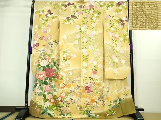 平和屋本店■極上 創業460年・千總 振袖 駒刺繍 吉祥花文 蜂蜜色地 暈し染め 金彩 三越扱い 逸品 DZAA8669kh5拍卖