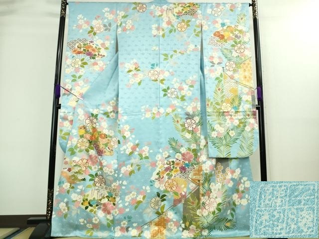 平和屋本店■極上 創業460年・千總 振袖 駒刺繍 宝尽くし 扇面花文 空色地 金彩 高島屋扱い 逸品 DZAA8693kh5拍卖