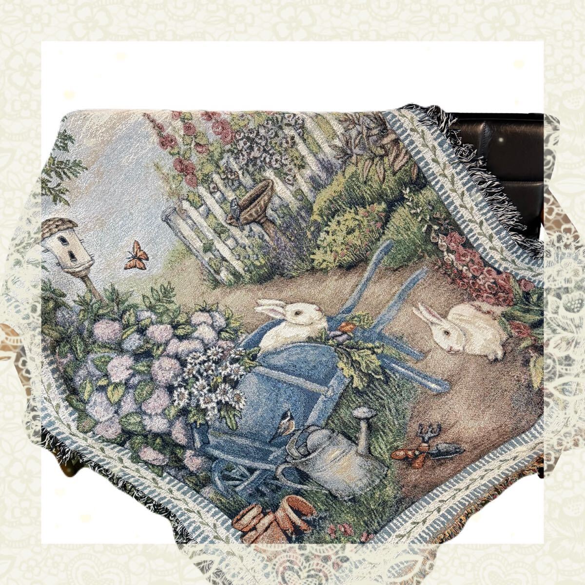 花 フラワー うさぎ ラビット 庭 ガーデン レトロ ラグ 170×130拍卖