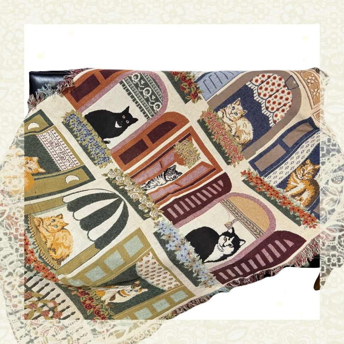 花 フラワー 猫 ねこ キャット レトロ ラグ ソファーカバー 176×120拍卖