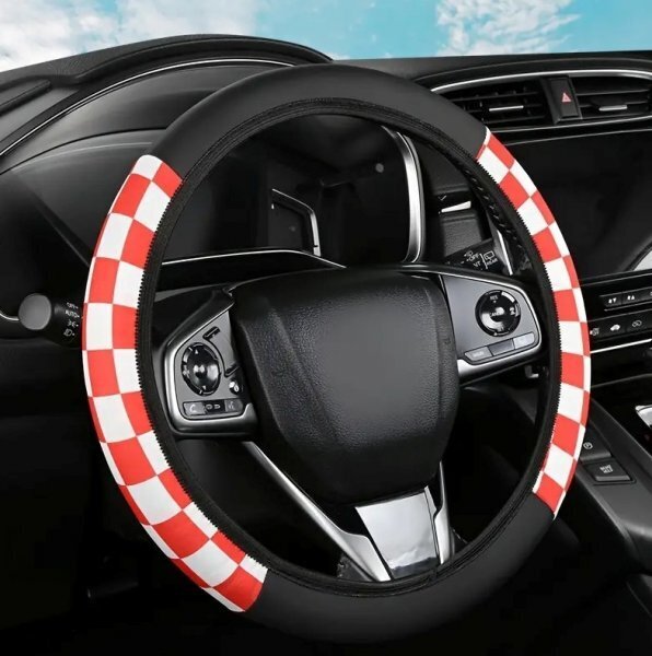 ハンドルカバー チェッカー ブロックチェック 柄 ステアリングカバー ステアリング ホイール カバー 車載 ドレスアップ 赤白拍卖