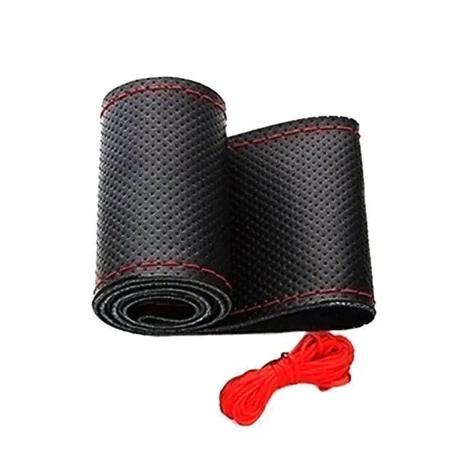 DIY ハンドルカバー 革 皮 レザー 編み込み ステアリングカバー 本革風 手縫い 編み上げ レッド拍卖