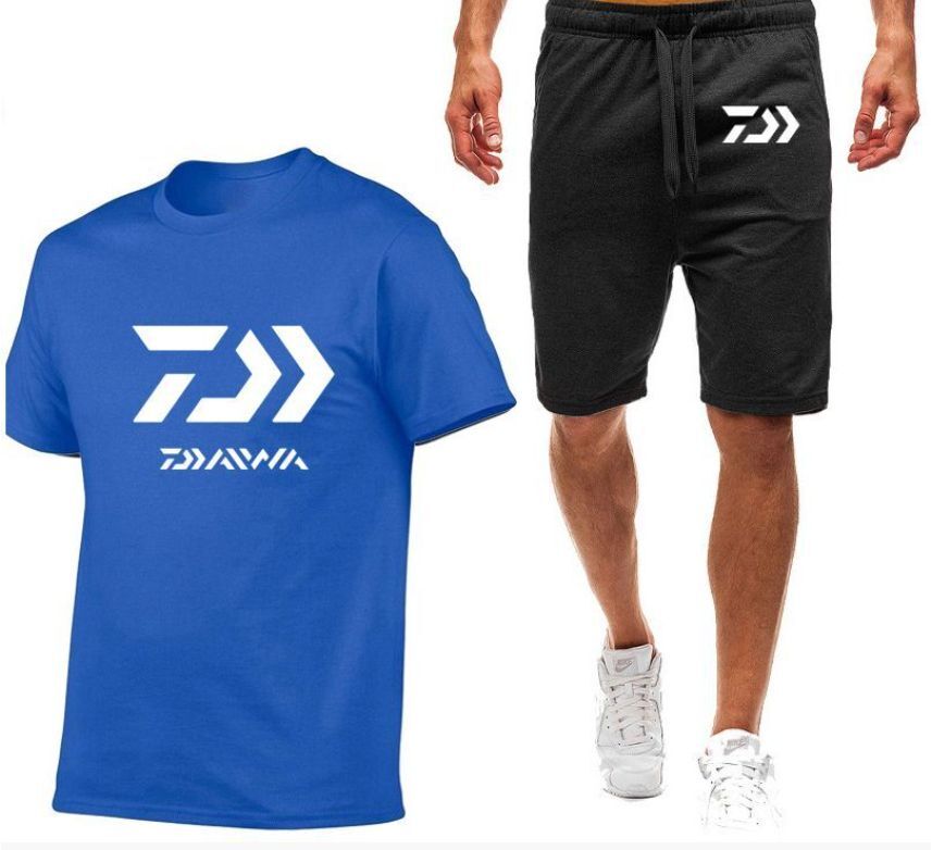 【送料無料】●特価●セットアップ【XL】釣り服 アウトドア 普段着 ユニセックス 快適なラウンドネック青スリムシャツ + 黒,ショートパンツ拍卖
