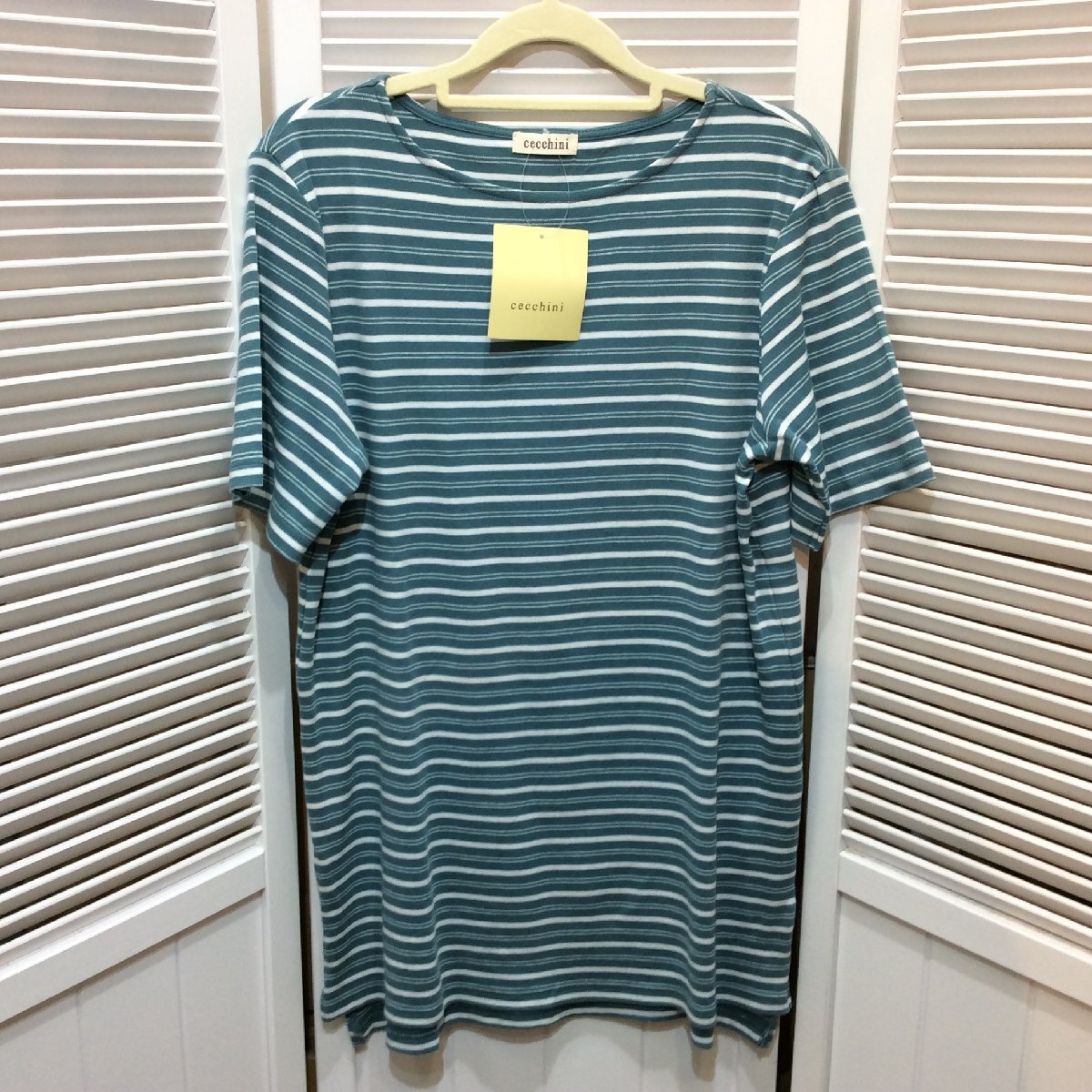 【値下げ】新品☆cecchini 半袖 オーガニックコットンチュニック LL ブルーグリーン系×ホワイト ボーダー柄【クリックポスト可】拍卖