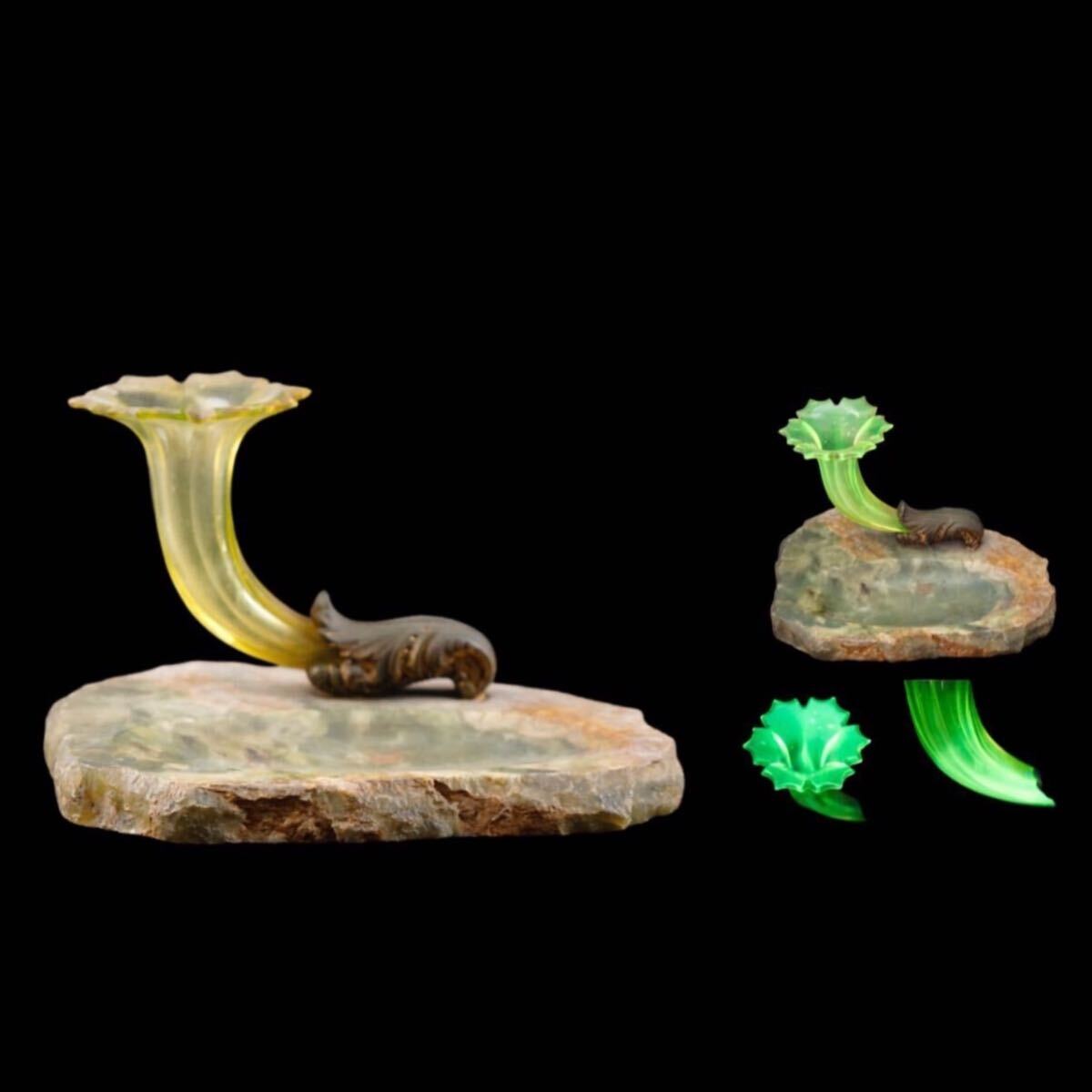 西洋アンティーク ウランガラス 豊穣の角 コルヌコピア フリル 花瓶 金彩 天然石 小物入れ 時代物 H191拍卖