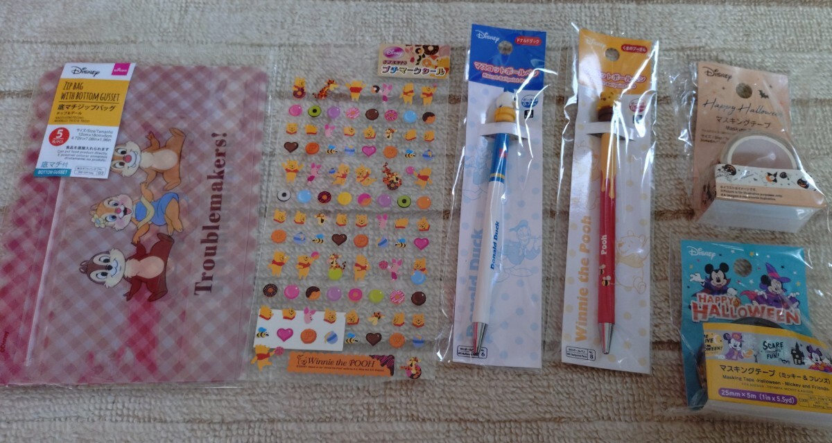 ディズニー★ボールペン2種類&マスキングテープ2種類&ステッカー&ジップバッグ プーさん ドナルド ミッキー チップ&デール拍卖