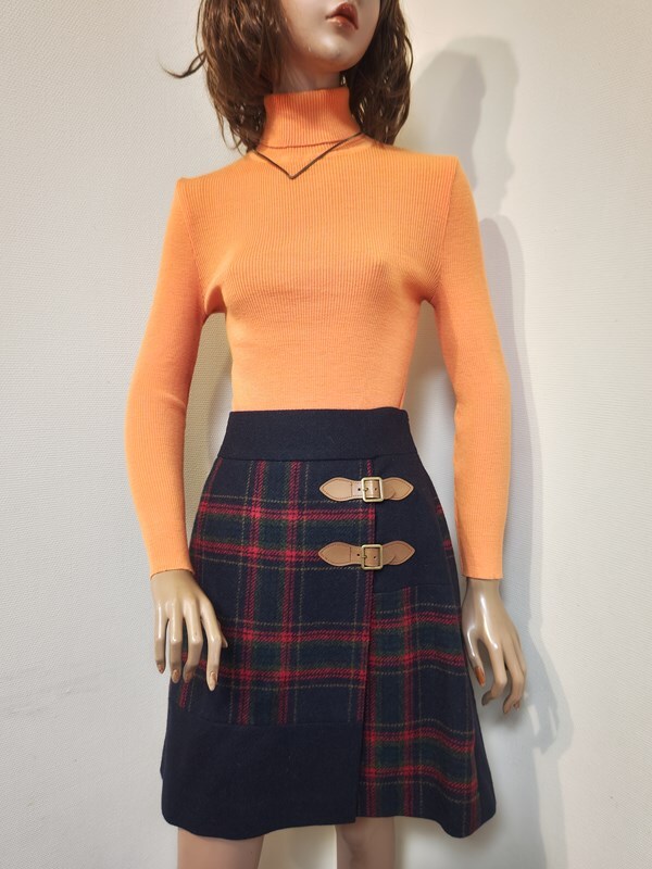 ヴィンテージ昭和レトロ古着*チェック柄・ベルトお洒落スカート60’s70’sモダン国産拍卖