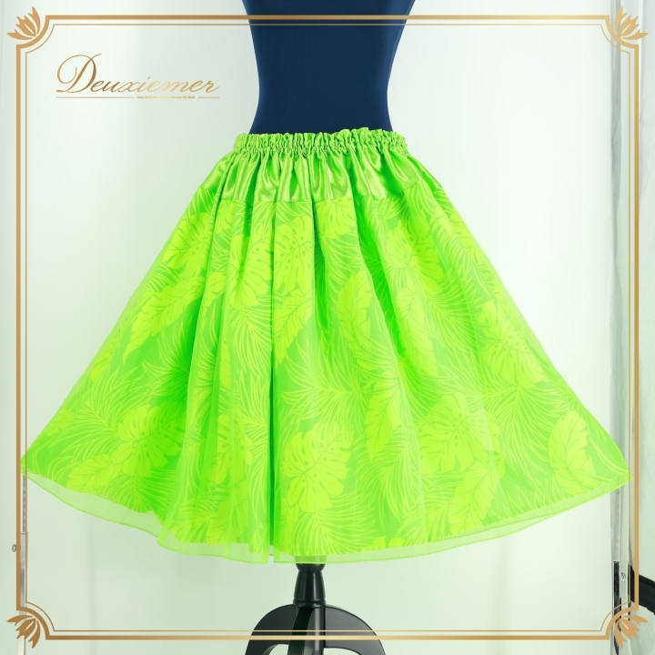 フラダンス 衣装 パウスカート グリーン系 フラ ダンス 黄緑 モンステラ柄 ハワイアン レッスン 練習 オーガンジー ハワイアンプリント ②拍卖