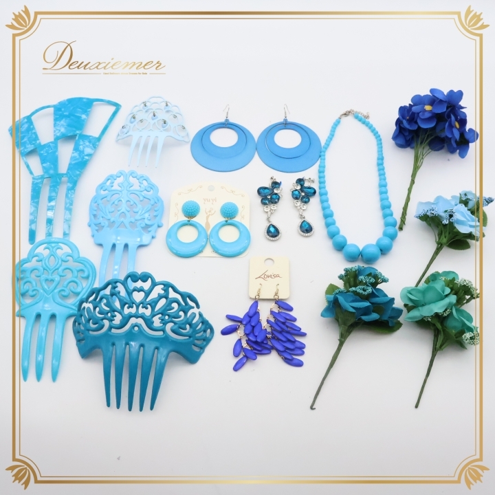 フラメンコ 小物 小道具 ペイネタ ピアス イヤリング フローレス ネックレス 花 アクセサリー まとめ売り セット ブルー系 水色 青 発表会拍卖