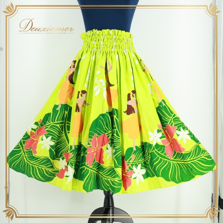 フラダンス 衣装 パウスカート グリーン系 フラ ダンス シングル 鮮やか ハワイアン フラガール 黄緑 白 茶 赤 ティアレ柄 ハイビスカス柄拍卖