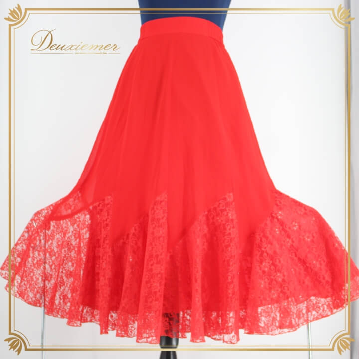 社交ダンス 衣装 スタンダード スカート レッスンウェア レディース オールシーズン LA FORET レッド系 赤 花柄 レース シンプル 派手拍卖