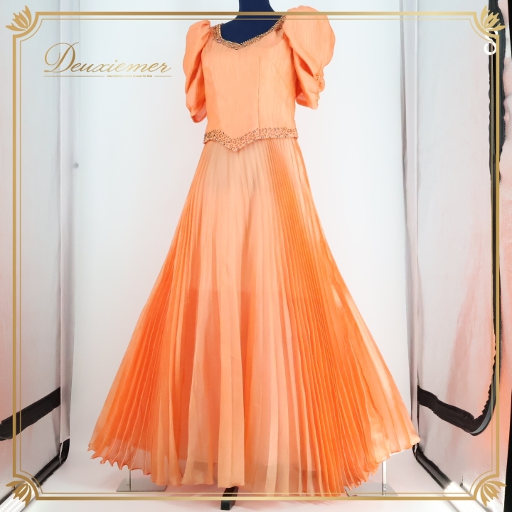 パーティドレス ワンピース ドレス オレンジ系 ラインストーン ビーズ レース プリーツ 発表会 二次会 イベント ダンス 舞台 コスチューム拍卖