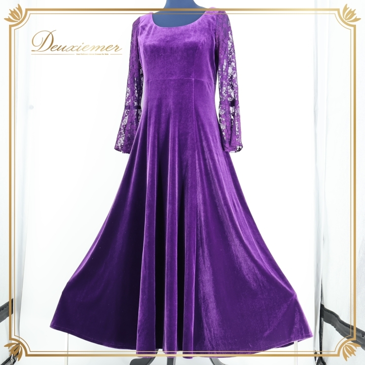 フラダンス 衣装 ワンピース ドレス パープル系 u'ino! フラ ダンス ベロア レース 花 紫 高級感 光沢 長袖 鮮やか ハワイアン アロハ uino拍卖