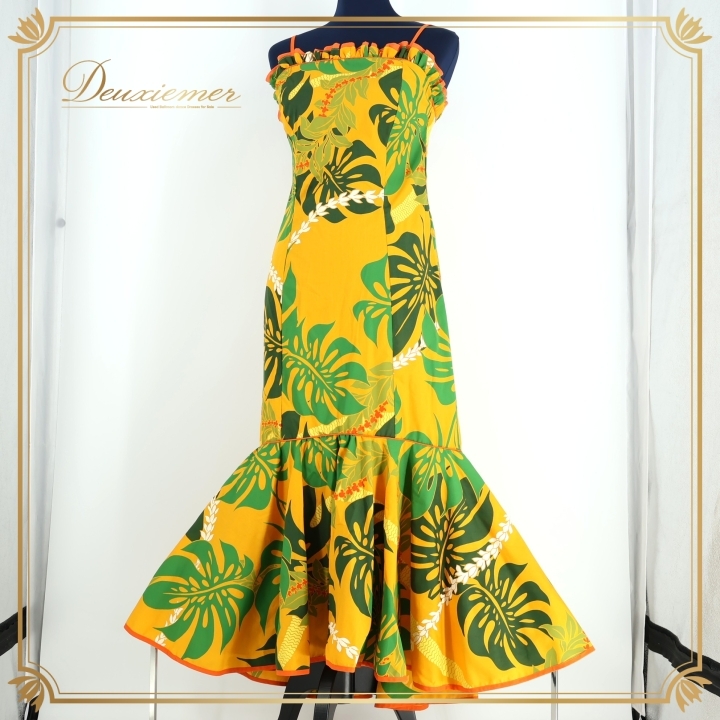 フラダンス 衣装 ワンピース ドレス イエロー系 ムームーファクトリー フラ ダンス 花柄 キャミソール 山吹色 緑 橙 華やか ハワイアン拍卖