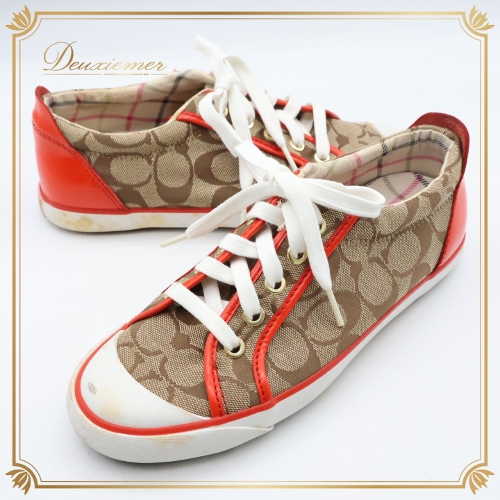 レディースファッション サイズ6 1/2 COACH コーチ 靴 スニーカー シューズ ブラウン系 茶色 レッド系 赤 柄 模様 女性用 普段使い 拍卖