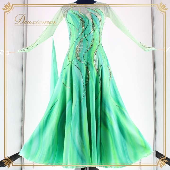 社交ダンス 衣装 スタンダード ドレス スタンダードドレス 緑 in the MOOD グラデーション 日本製 グリーン系 エメラルド フロート 美しい拍卖