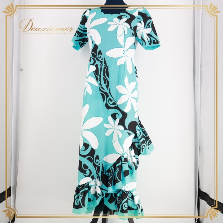 フラダンス 衣装 ワンピース ドレス グリーン系 Minei フラ ダンス 花柄 ティアレ柄 緑 白 黒 半袖 ハワイアン アロハ 軽い フリル拍卖