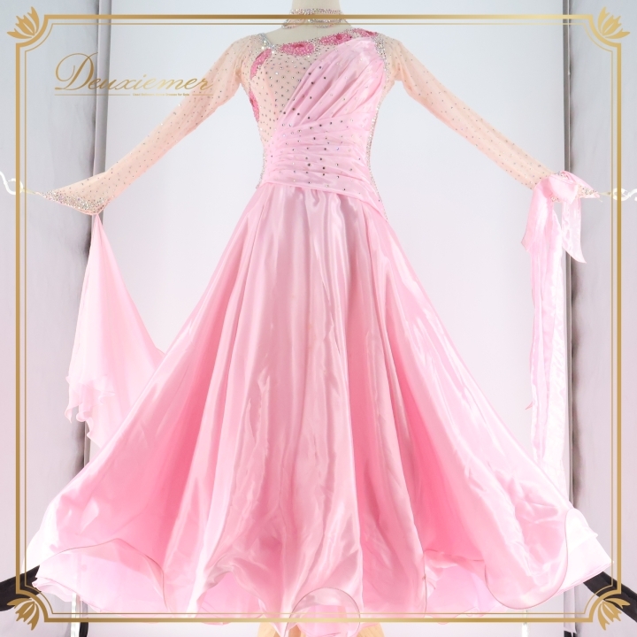 社交ダンス 衣装 白樺ドレス スタンダード ドレス スタンダードドレス ワンピース フロート リボン かわいい 光沢 綺麗 ピンク系 デモ 競技拍卖