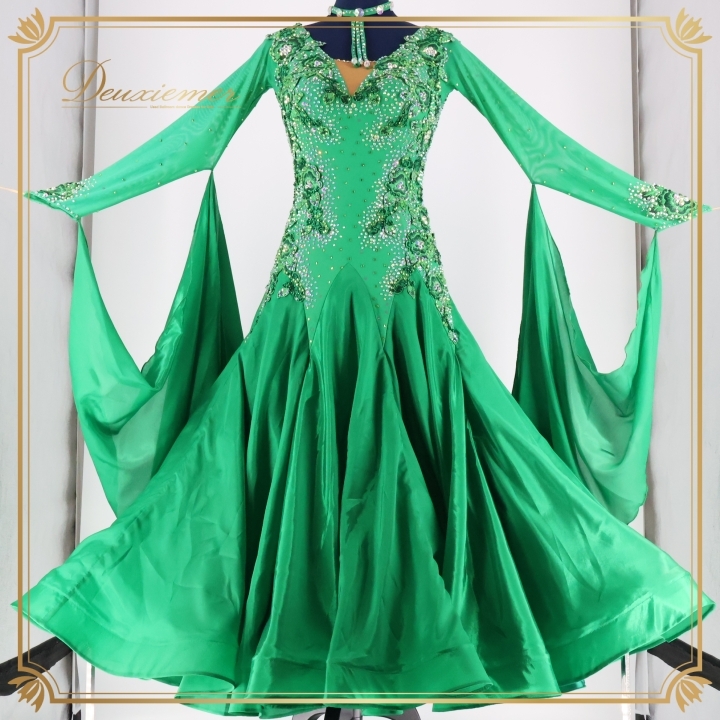 社交ダンス 衣装 スタンダード ドレス ワンピース スタンダードドレス 緑 フロート レース フリル グリーン系 デモ 競技用 ダンス パーティ拍卖