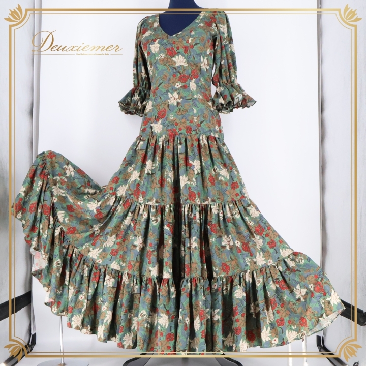 フラメンコ 衣装 ワンピース ドレス ボランテ フリル 花柄 柄 模様 ダンス パーティ 発表会 ペチコート 緑 赤 グリーン系 カーキ系拍卖