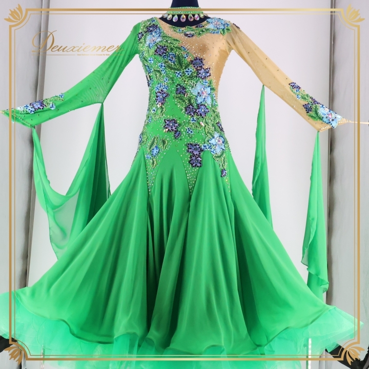 社交ダンス 衣装 スタンダード ドレス ワンピース 緑 スタンダードドレス デモ フロート フリル レース競技 パーティ グリーン系 おしゃれ拍卖