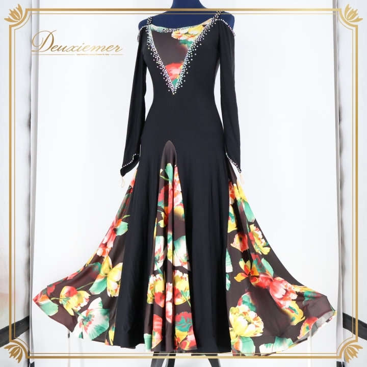 社交ダンス 衣装 スタンダード ドレス ワンピース 黒 花柄 パーティ 発表会 伸縮 柄 模様 ブラック系 レッスン用 ダンスドレス エレガント拍卖