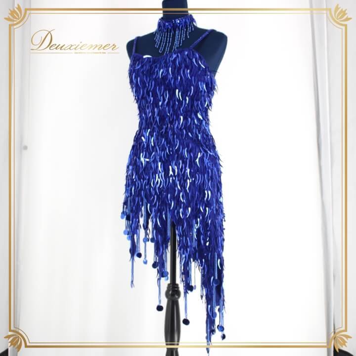 社交ダンス 衣装 ラテン ドレス ワンピース レッスンウェア レディース オールシーズン 青 チョーカー ブルー系 スパンコール ビース 派手拍卖