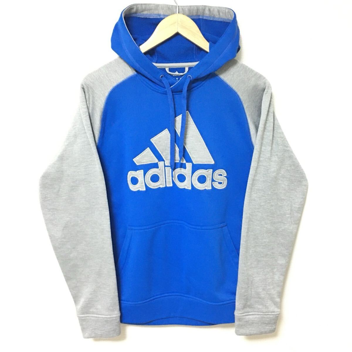 W110【adidas】アディダス トップス プルオーバー デザインパーカー ラグラン ロゴ 裏起毛 厚手 ジム ブルー グレー メンズ サイズM/fF拍卖