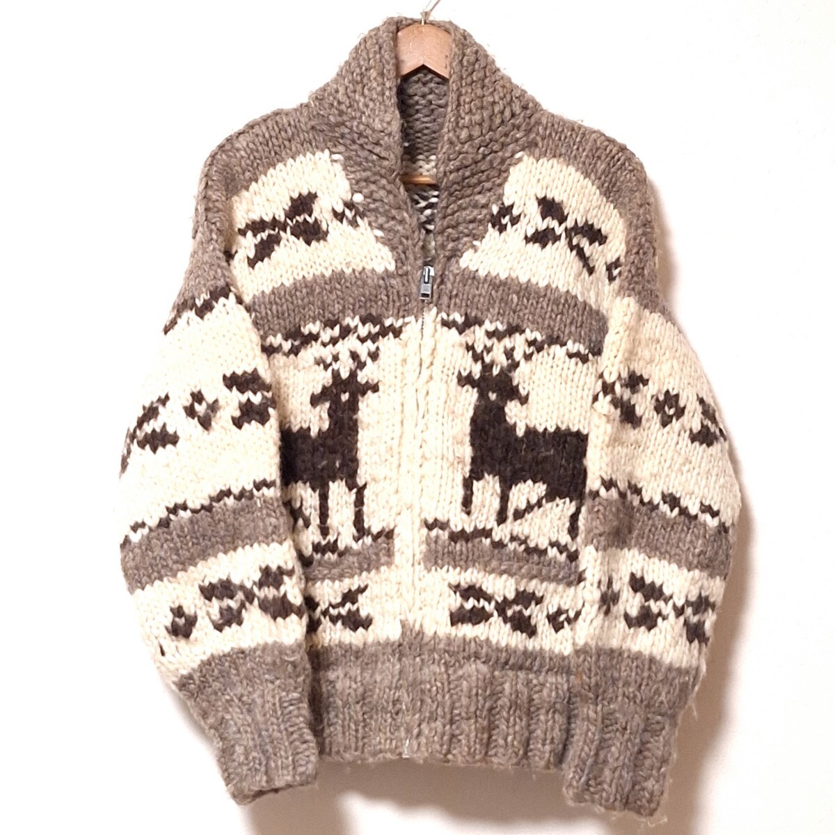 W63【Flyer Hooks】フライヤーフックス カウチンセーター アウター カナダ製 ジップアップ 自然 ノルディック柄 メンズ サイズ相当 /QQ拍卖