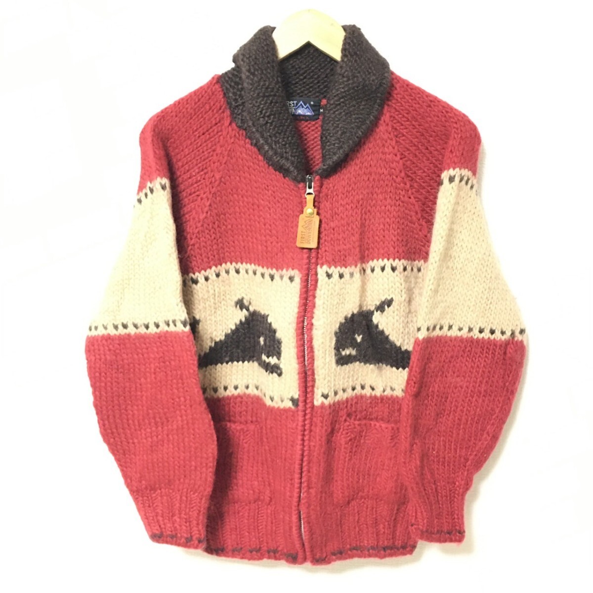 W138【FIRST DOWN】ファーストダウン カウチン セーター クジラ ウール 100% ジャケット カーディガン ニット レッド メンズ サイズ M /fa拍卖