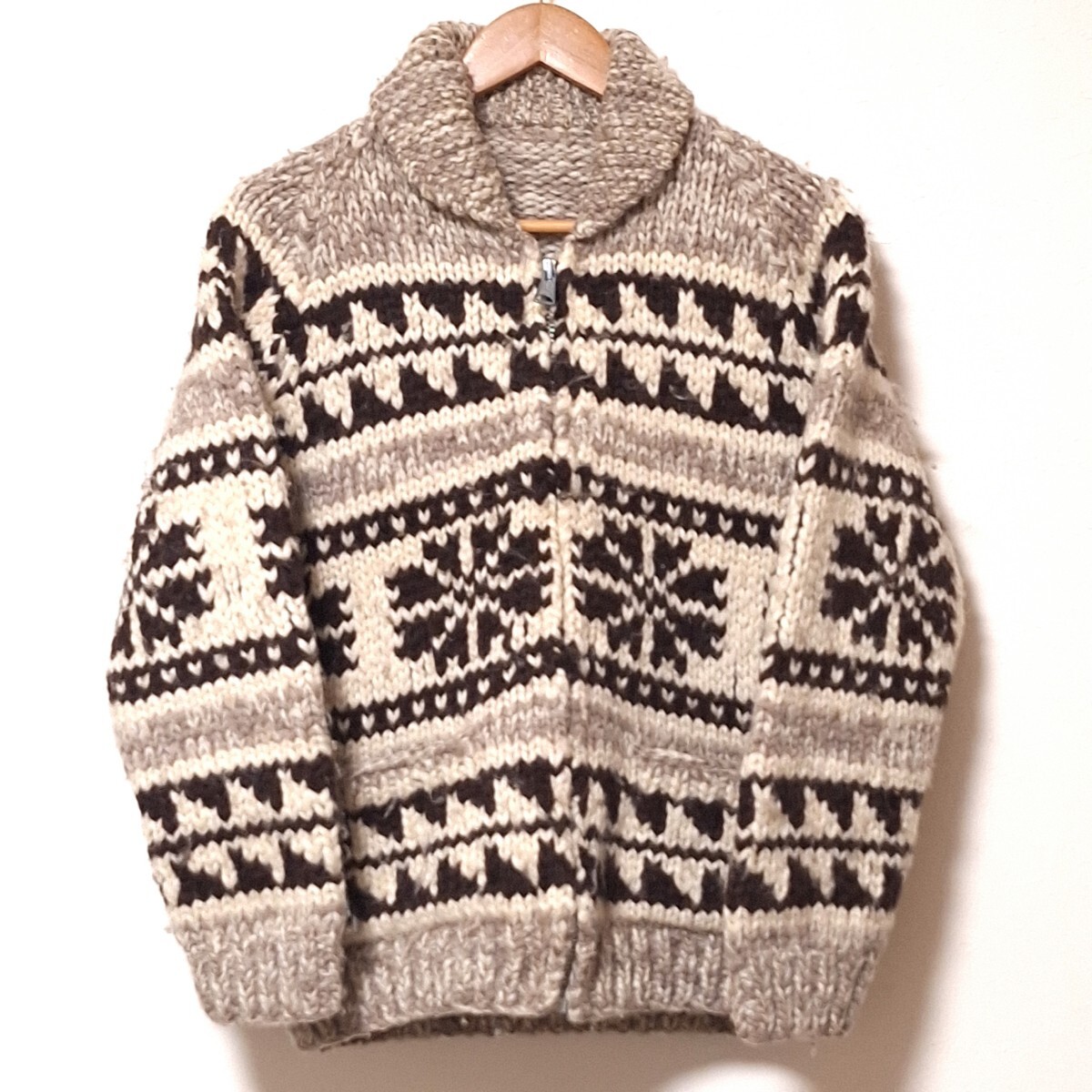 W173【カウチン セーター】長袖 ニット アウター カナダ製 ノルディック柄 防寒 季節感 厚手 ブラウン系 メンズ サイズS相当 /QQ拍卖