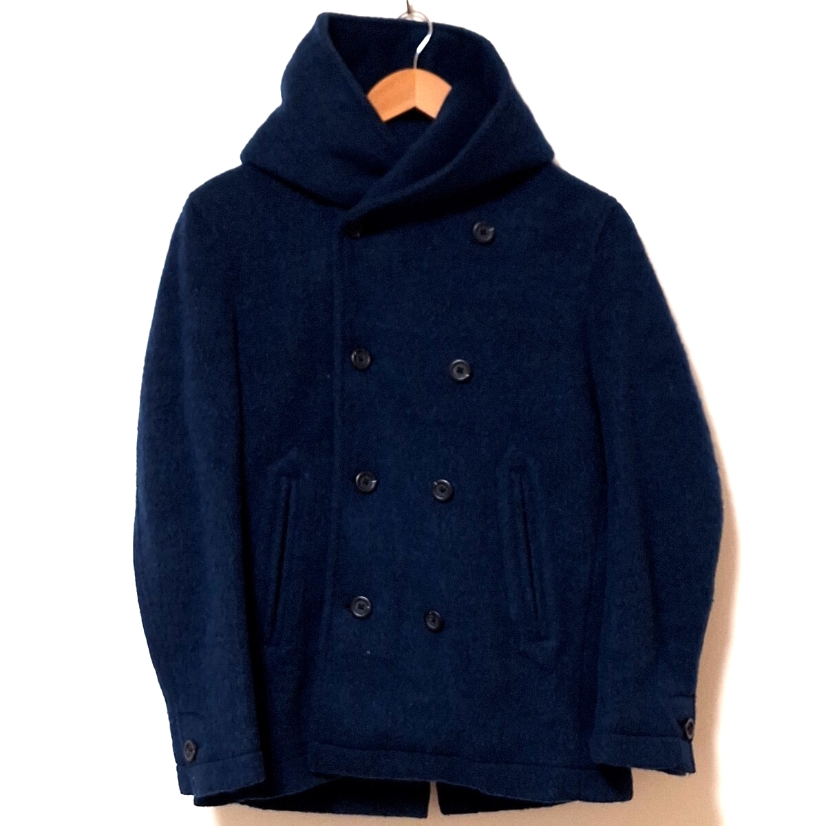 W198【HAMNETT】ハムネット フード付き コート アウター ダブルブレスト 8ボタン 上品 細身 カジュアル ネイビー メンズ サイズS /QQ拍卖