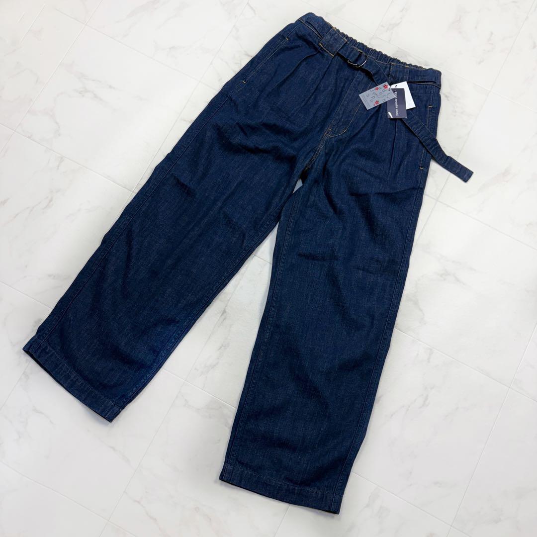 リポトレンタアンニ 岡山デニム ワイドパンツ ベルト付き S 日本製 インディゴ ウエストゴム ジーンズ ジーパン拍卖