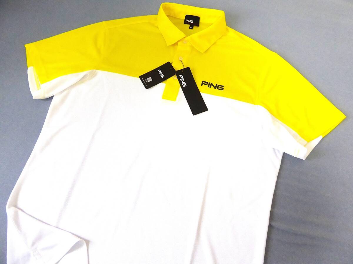 PING GOLF ピン ゴルフ 速乾 ストレッチ PEハニカムメッシュ半袖ポロシャツ 3L 黄白拍卖
