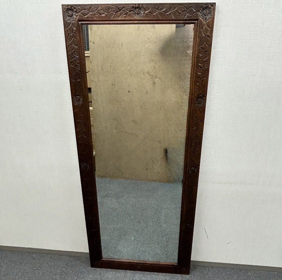 木製 彫刻 ミラー 鏡 姿見 壁掛け 自立式 立て掛け ウッドフレーム 全身鏡 インテリア 家具拍卖