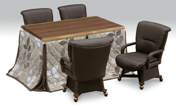 ハイタイプ高脚/ダイニングコタツ こたつ135センチ幅(長方形)+肘付椅子4脚+植物柄布団の6点セット ダークブラウン色拍卖