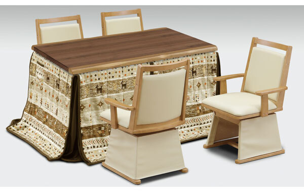 ハイタイプ高脚/ダイニングコタツ こたつ135センチ幅(長方形)+肘付回転椅子4脚+アートギャベ柄布団の6点セット ライトオーク色拍卖