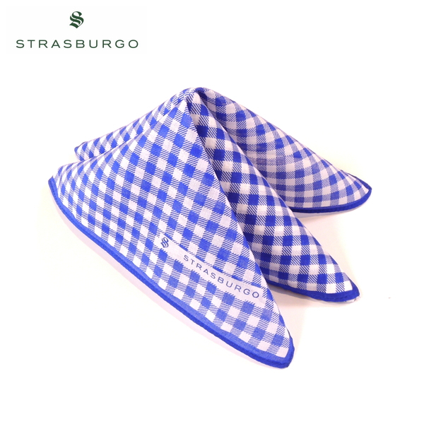 【定価1,800・新品】STRASBURGO(ストラスブルゴ)コットンポケットチーフ ブルーギンガムチェック 43cm×43cm 日本製拍卖