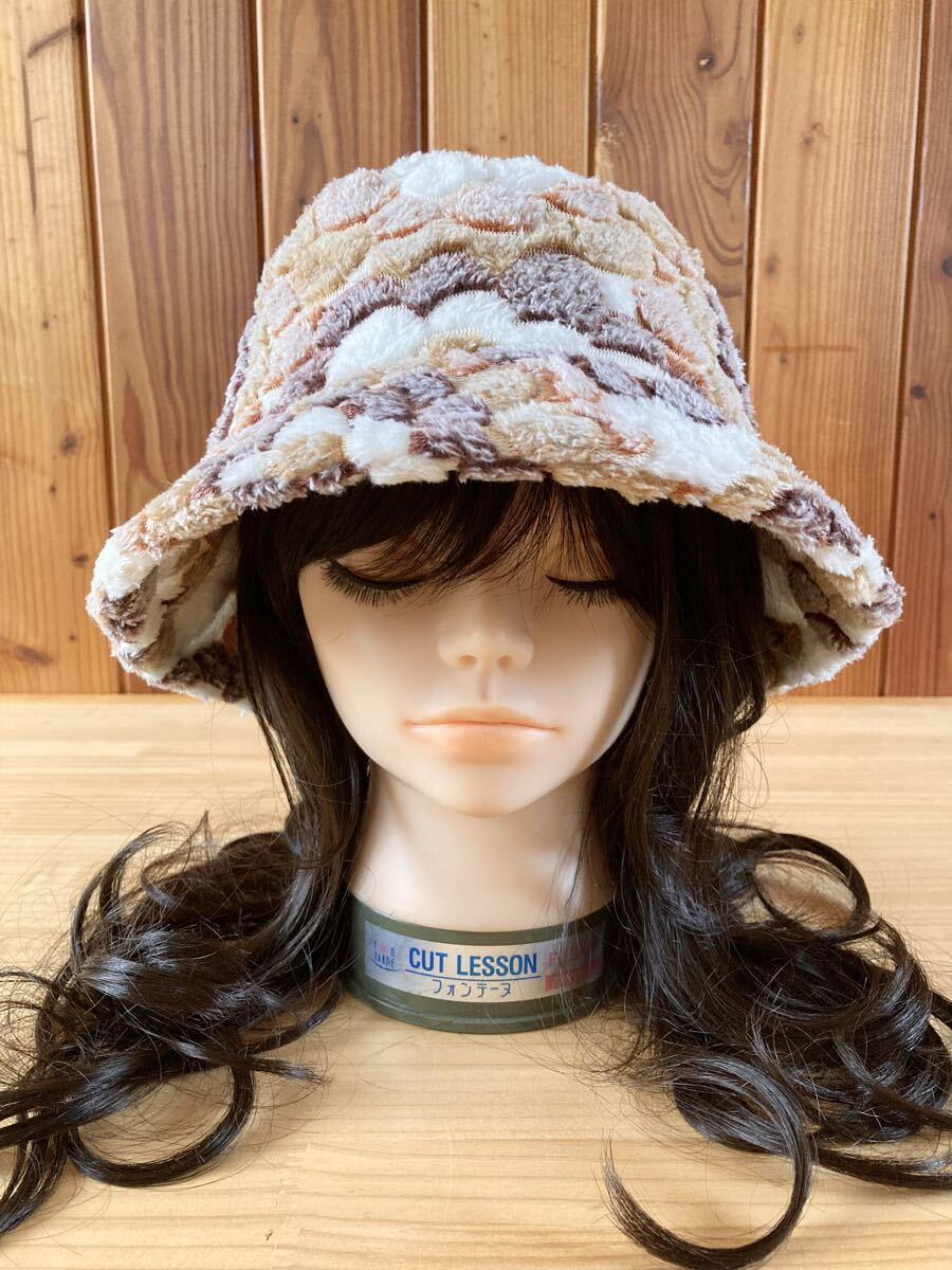 レディース フラワー バケットハット モコモコ ふわふわ 花柄 ベージュ 白 ブラウン クロッシェ 帽子 秋冬物 bucket hat ④拍卖