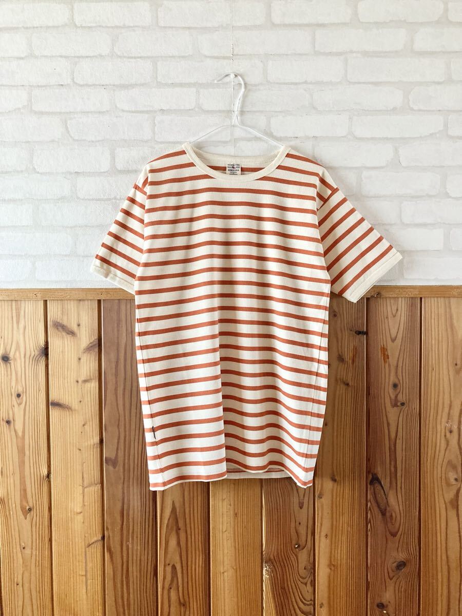 美品 AVIREX U.S.A メンズ ボーダー カットソー XLサイズ 半袖 アイボリー オレンジブラウン トップス Tシャツ アビレックス t-shirt ②拍卖
