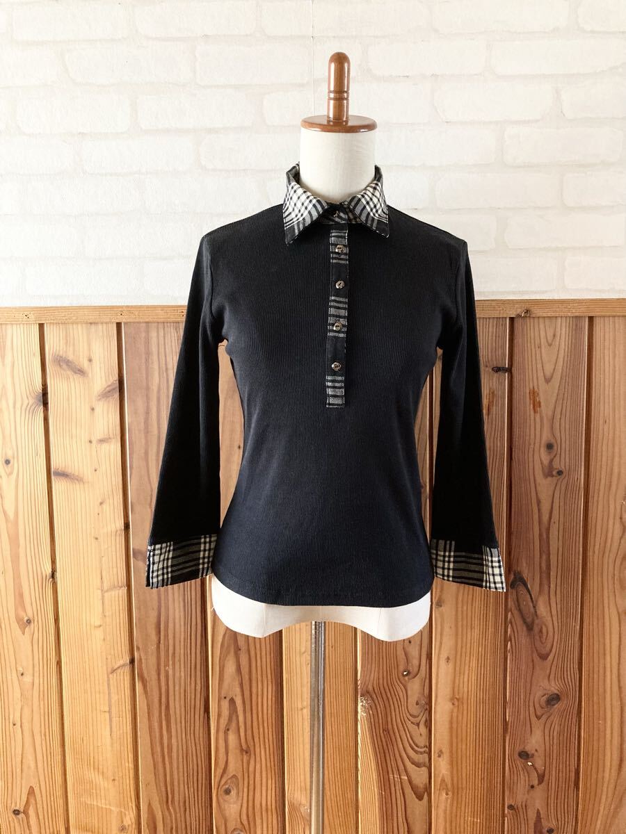 oeillet クロスプラス レディース 7分丈 カットソー シャツ 黒 ブラック チェック トップス Mサイズ 上品 K拍卖