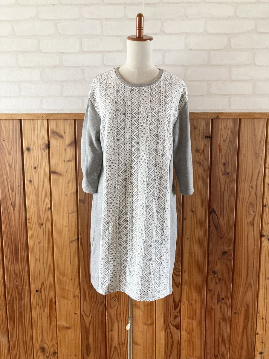 Resoneck レディース 七分袖 レース スウェット ワンピース L-LLサイズ グレー系 五分袖 カジュアル 膝丈スカート casual dress K拍卖
