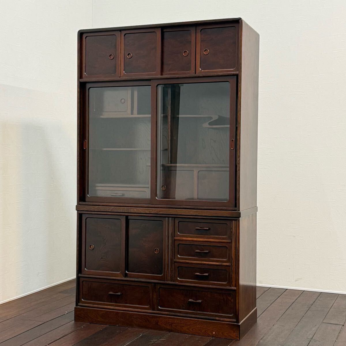 H19K3 欅材 からくり箪笥 昭和レトロ 茶棚 茶箪笥 飾り棚 違い棚 キャビネット 収納棚 引き戸 和室 和風 ケヤキ材 隠し扉拍卖