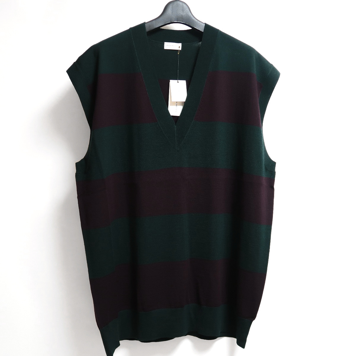 L 新品 ドリスヴァンノッテン MUSA ウール ベスト グリーン 柄 DRIES VAN NOTEN ボーダー Vネック拍卖