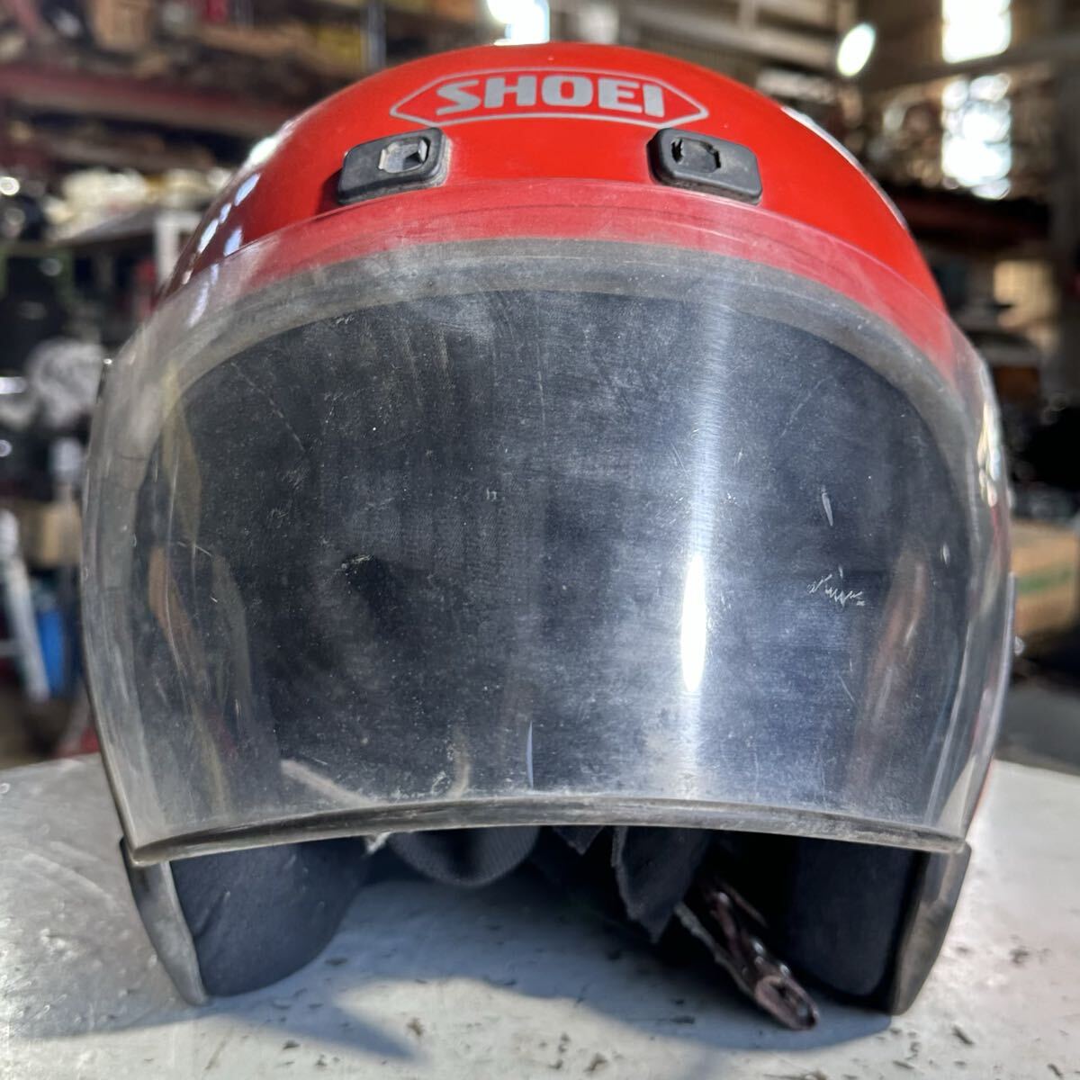 SHOEI/ショウエイ ヘルメット 59〜60cm 現状品 赤/レッド ジェットヘルメット シールド/バイザー拍卖