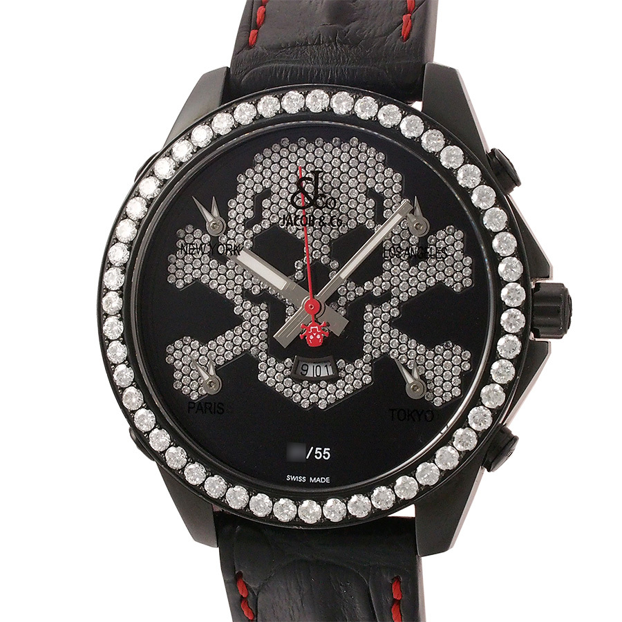 ジェイコブ ファイブタイムゾーン スカル 47mm 純正ダイヤ文字盤 純正ダイヤベゼル 55本限定 JC-SKULL拍卖