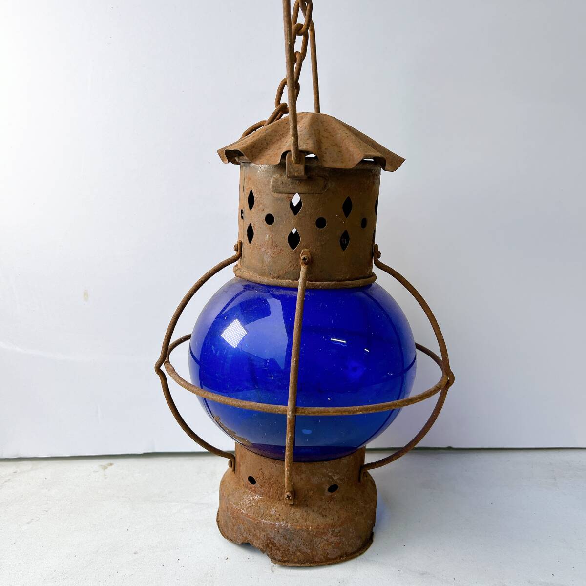 ビンテージ 吊り下げ オイルランプ ブルー 照明 ランタン アンティーク 古道具 インテリア 昭和 レトロ 当時物 青拍卖