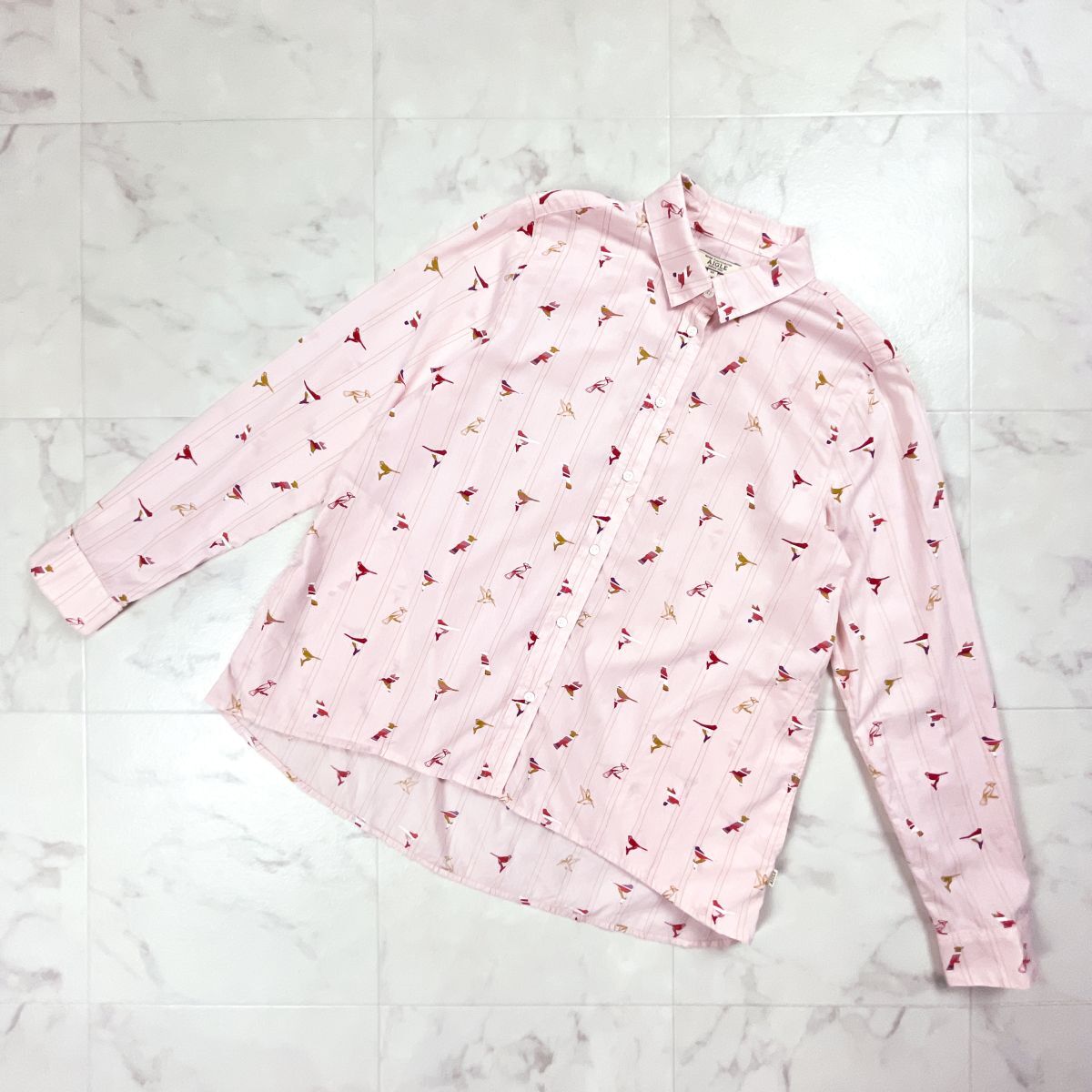 AIGLE エーグル バード柄長袖シャツ ブラウス ストライプ ストレッチ素材 ポケット付 レディース ピンク サイズ40*HD241拍卖